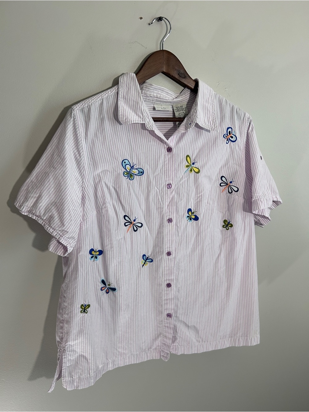 White Stag Light Pink Striped Button-Down Shirt with Butterfly Embroidery